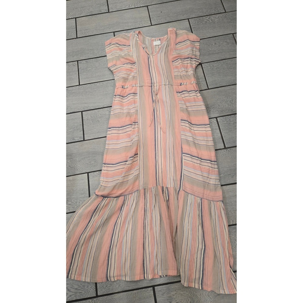 Caslon Striped V-Neck Maxi Dress Peach Blue Multi Tiered Drawstring 1X